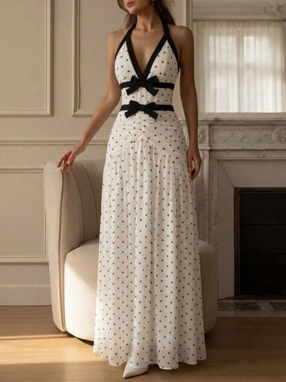 Women's Polka Dot Halter Deep V-Neck Bow Detail Backless Pleated Maxi Dress